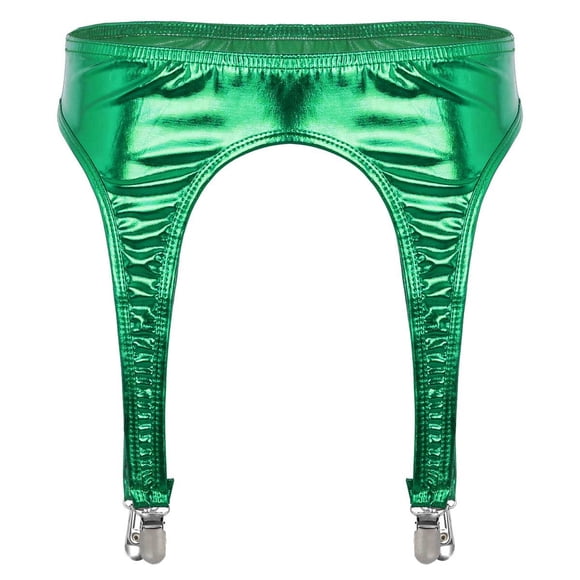 Fldy Womens Shiny Metallic Garter Belt with Metal Duck-Mouth Clips for High Stockings Suspender Green One Size
