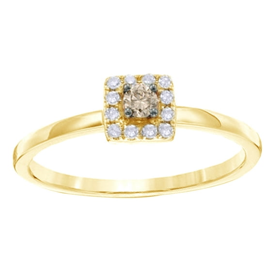 Round Cut White Natural Diamond Square Frame Promise Ring in 10k Yellow Gold (0.17 Cttw)