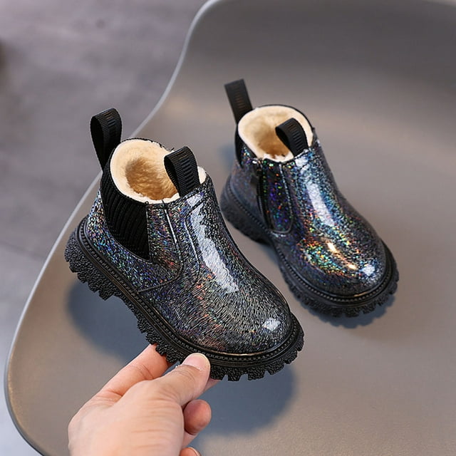 Children's Winter Warm Snow Boots With Velvet And Shiny Patent Leather Side Zipper Flat Ankle Boots