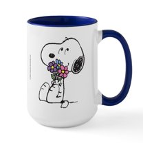 CafePress - Snoopy With A Flower Bouquet - 15 oz Ceramic Large White Novelty Mug