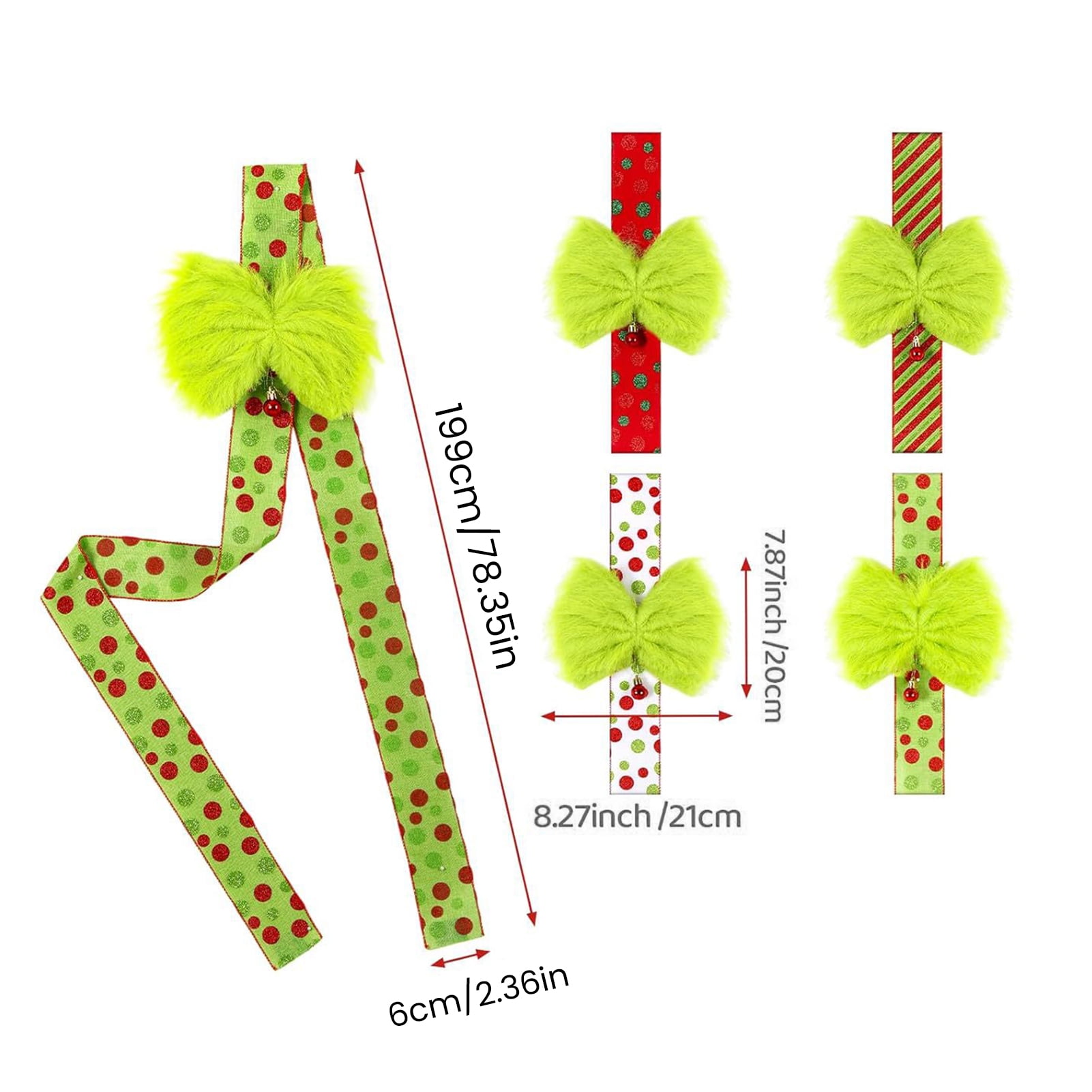 Dserfhy Green Christmas Cabinet Door Bows with Bell Plush Faux Fur Furry Bows with Dot/Striped Ribbon for Xmas Wreath Door Window Fireplace Staircase Indoor Decor