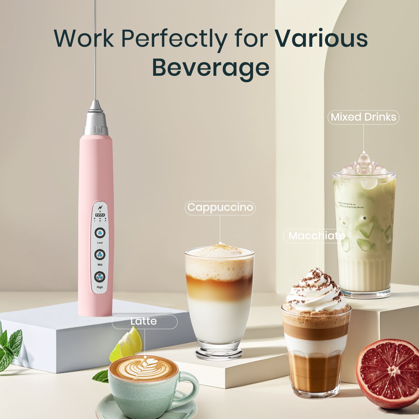 Pink Handheld Milk Frother Wand for Coffee, Rechargeable Electric Whisk with 3 Heads 3 Speeds Drink Mixer Coffee Frother For Latte, Cappuccino, Hot Chocolate, Egg
