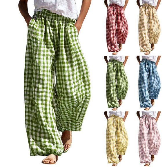 Tqcoqu Women's High Waist Gingham Plaid Wide Leg Pants, Pull On Baggy Casual Trousers Summer Beach Vacation Lounge Bottoms,Women's S-XXL