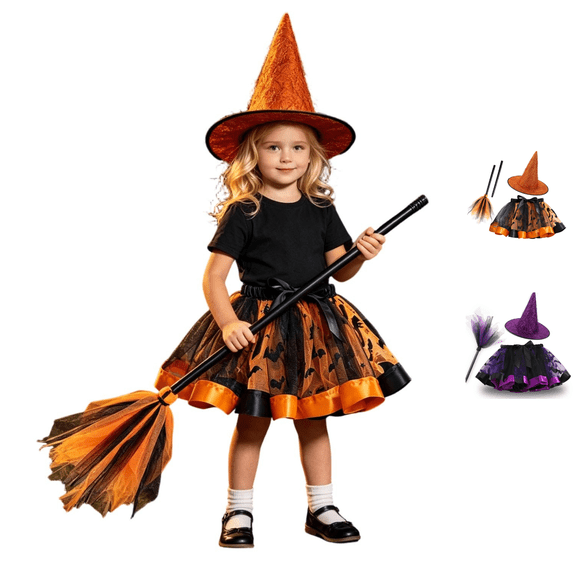 LYHaoo Girls Dress Up Witch Costume, Cute Layered Mesh Halloween Tutu Skirt with Witch Hat Broom for Kids Party Outfits(6-7 Years)