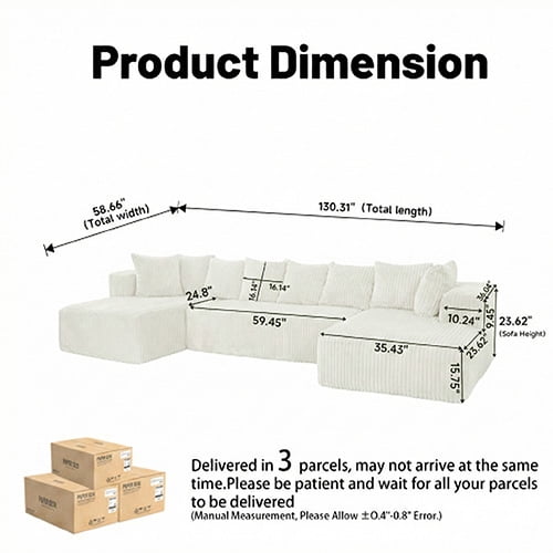 SOULART 130" White U L-Shaped Modular Cloud Couch, Sectional Sofa with Chaise – No Assembly, 5-Seater, Corduroy ，Boneless Sofa,