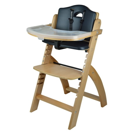 Abiie Beyond Wooden High Chair with Tray. The Perfect Adjustable Baby Highchair Solution for Your Babies and Toddlers or as a Dining Chair. (6 Months up to 250 Lb) (Natural Wood - Black Cushion)