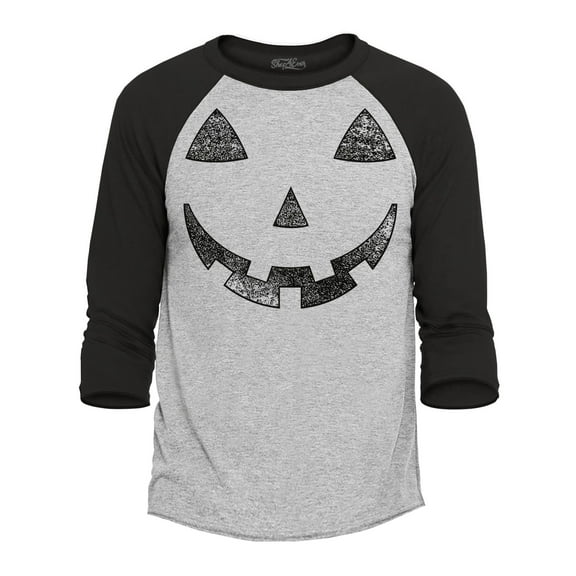 Shop4Ever Men's Men's Orange Jack O' Lantern Pumpkin Halloween Costume Raglan Baseball Shirt X-Small Heather Grey/Black