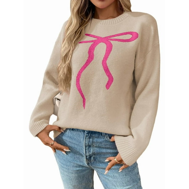 Suéter de Punto con Lazo para Mujer, Estilo Y2K, de Larga y Cuello Redondo, Holgado e Informal. Albaricoque XL