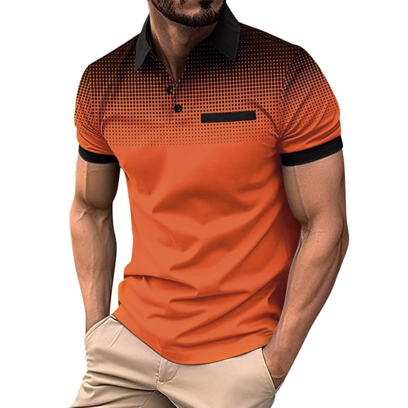 LRGSHF Men's Summer Polo Shirts Short Sleeve Golf Daily Pullover Slim Fit Gradient Print Tops With Chest Pocket Orange XL