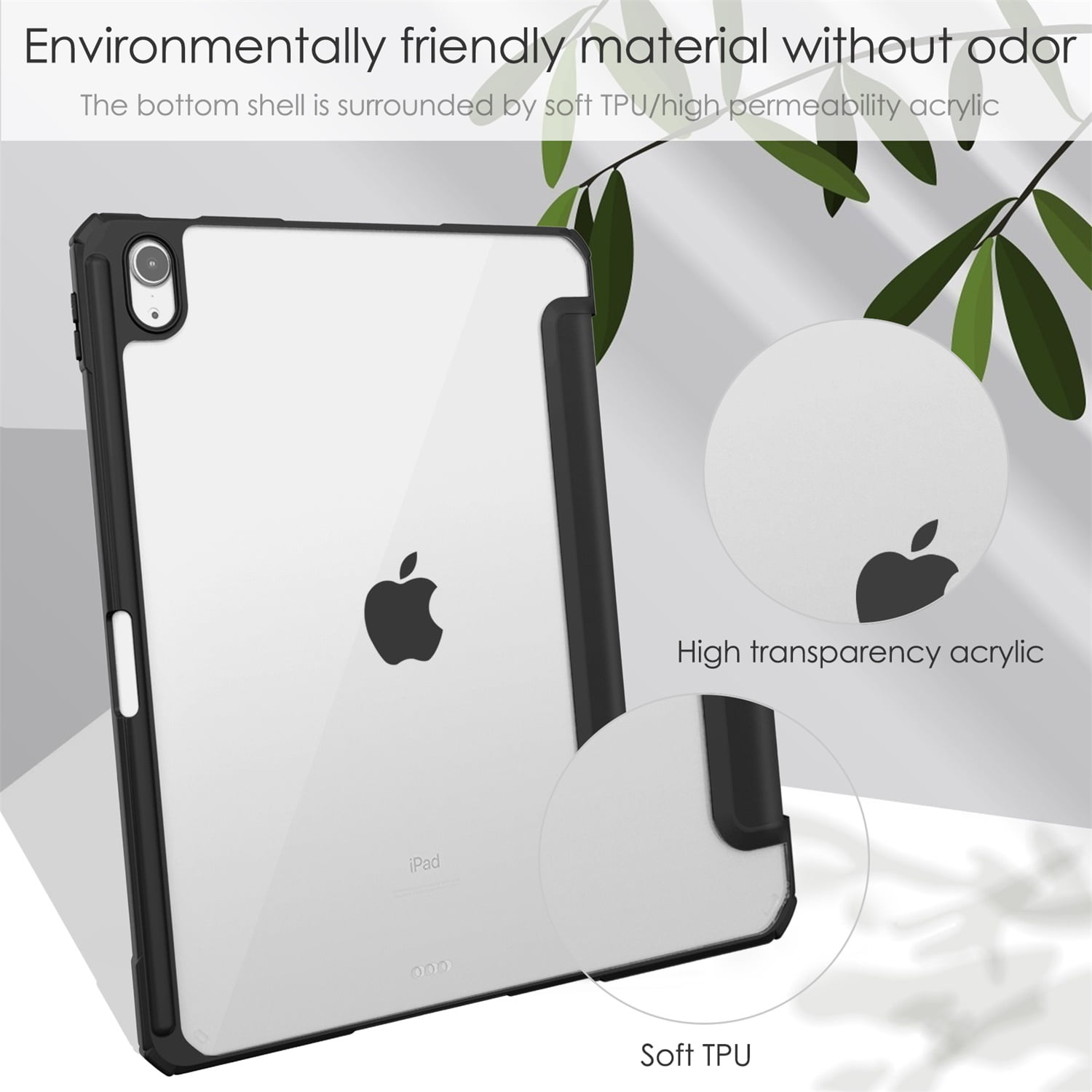 SaniMore Case for Apple iPad Air 11 (2024), Auto Sleep/Wake Shock Resistant [Built-in Pencil Holder] Flip Stand [Dual Angle] Transparent Slim Lightweight Anti-fall Tablet Shell, Black