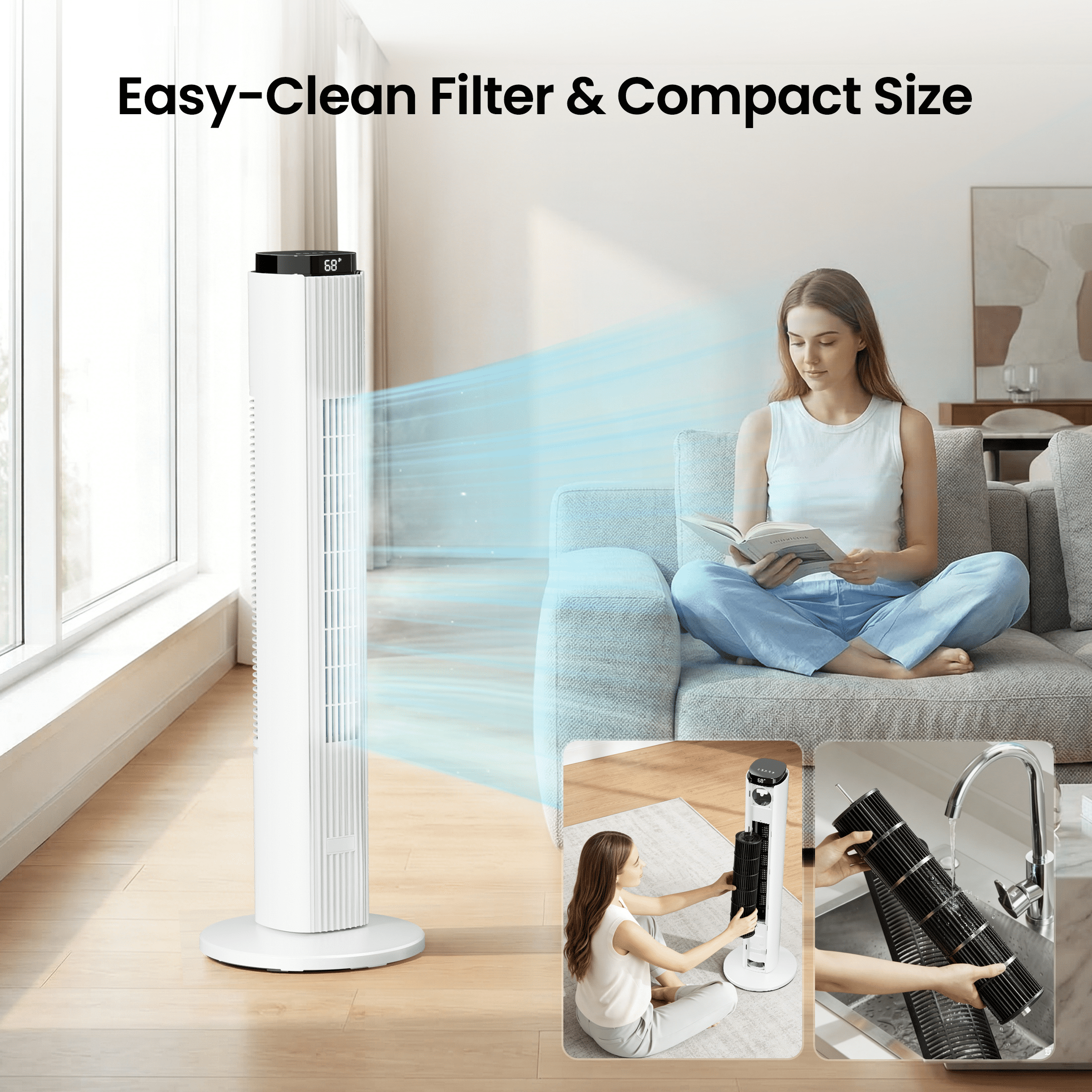 KISSAIR 37" Tower Fan with Remote, 6 Speeds, 4 Modes, LED Display, 12H Timer, 90 ° Oscillating, Bladeless Quiet Fan for Bedroom, Home & Office, White