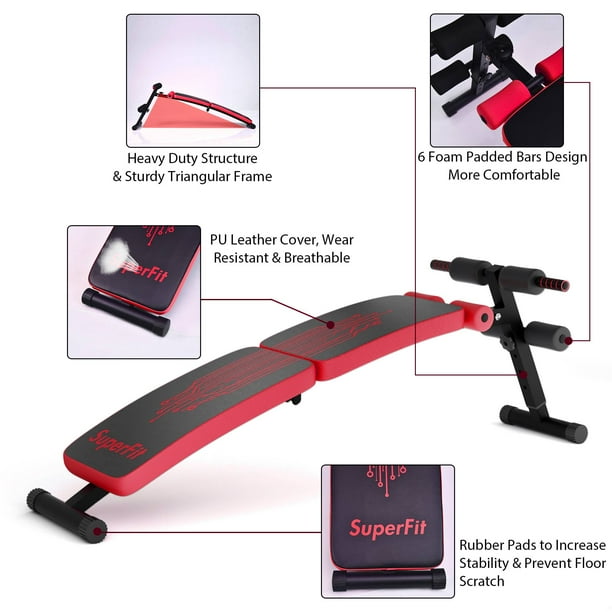 SuperFit Folding Weight Bench Adjustable Sit up Board Curved Decline Red