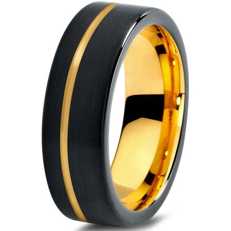 P. Manoukian Tungsten Wedding Band Ring 7mm for Men Women Black & 18K Yellow Gold Plated Pipe Cut Brushed Polished Lifetime Guarantee Size 4