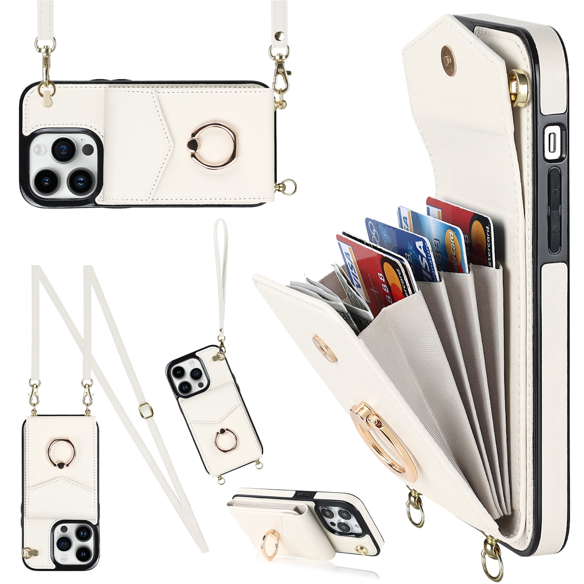 ELEHOLD for iPhone XS Max, Shockproof PU Leather Case with Rotation Ring Stand Adjustable Shoulder Strap,Card Slots Stand RFID Blocking Protective Case Cover, white