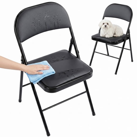 Simenmax 2PCS Folding Chair Padded, Leather Portable Stackable Chair with Steel Frame - Indoor Outdoor Use for Home, Office, Party, Wedding, Church, Black