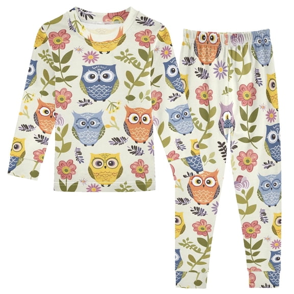 Dailycode Cotton Pajama Set Snug Fit Long Sleeve Top and Pants for 18M-8Y Owls Flower Plant