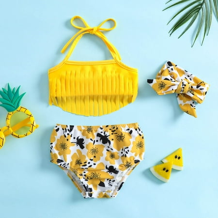 

WHLBF Baby s Swimsuit Toddler Kids Girls Cute Mermaid Flowers Print Bikini Swimsuit Headband Set Yellow 6-12Months(6-12Months)