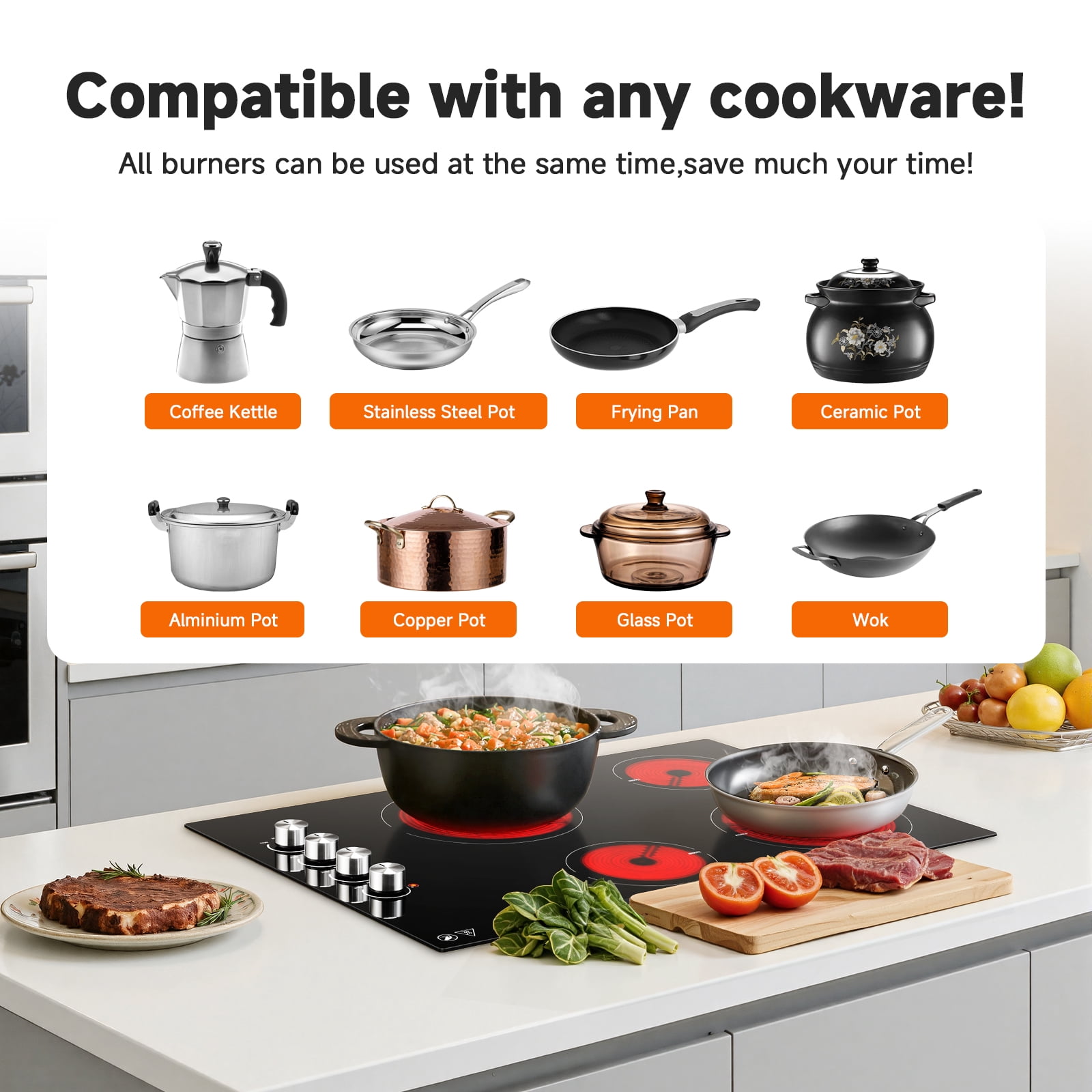 Sunmaki 30 Inch Coil Burner Electric Cooktops with 4 Burners 7000W Built-in Radiant Electric Stove Top with Knob Control, 220-240V