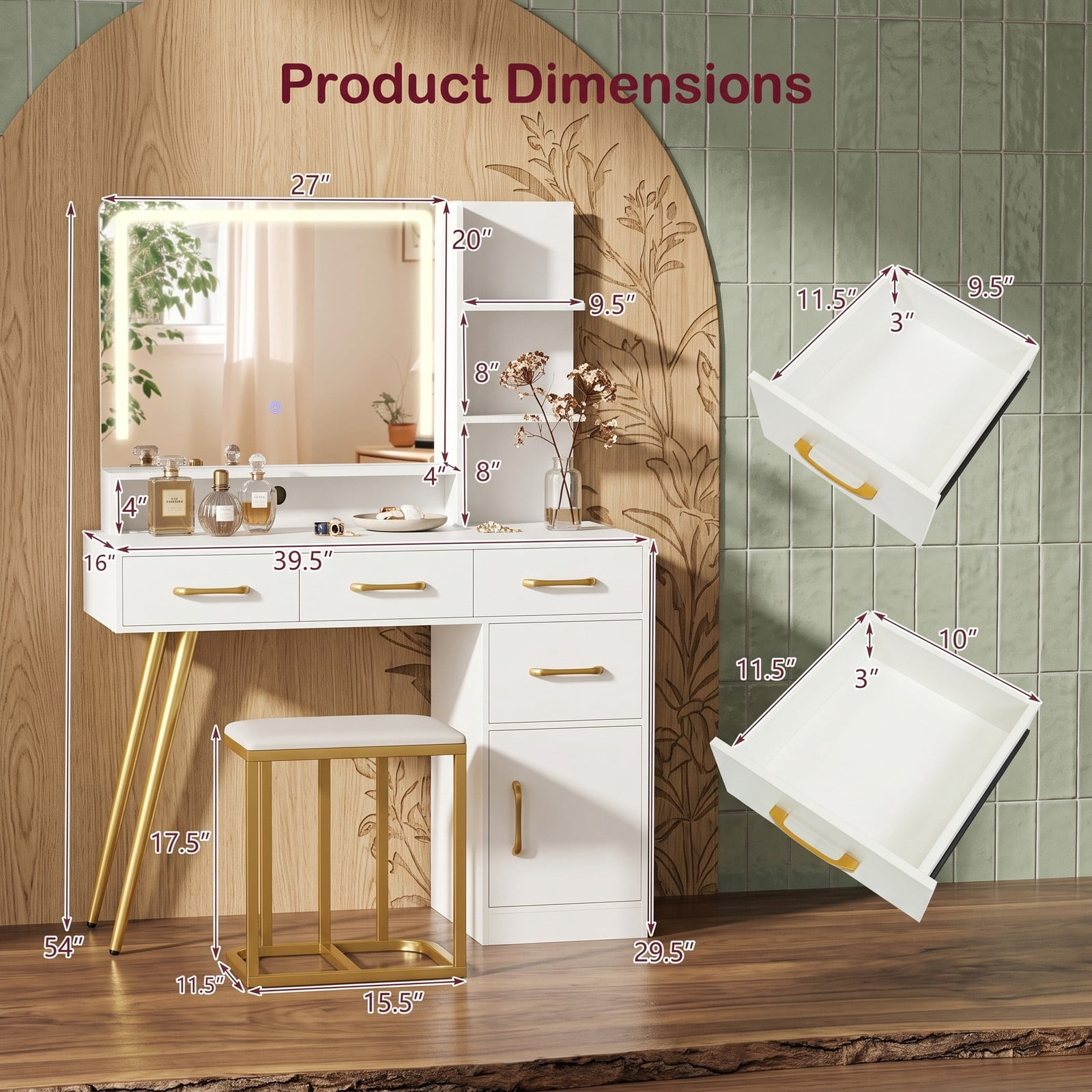 Furnibear Vanity Desk with Mirror and Lights, Makeup Vanity Table and Stool Set with Adjustable Brightness and Charging Ports for Bedroom, White