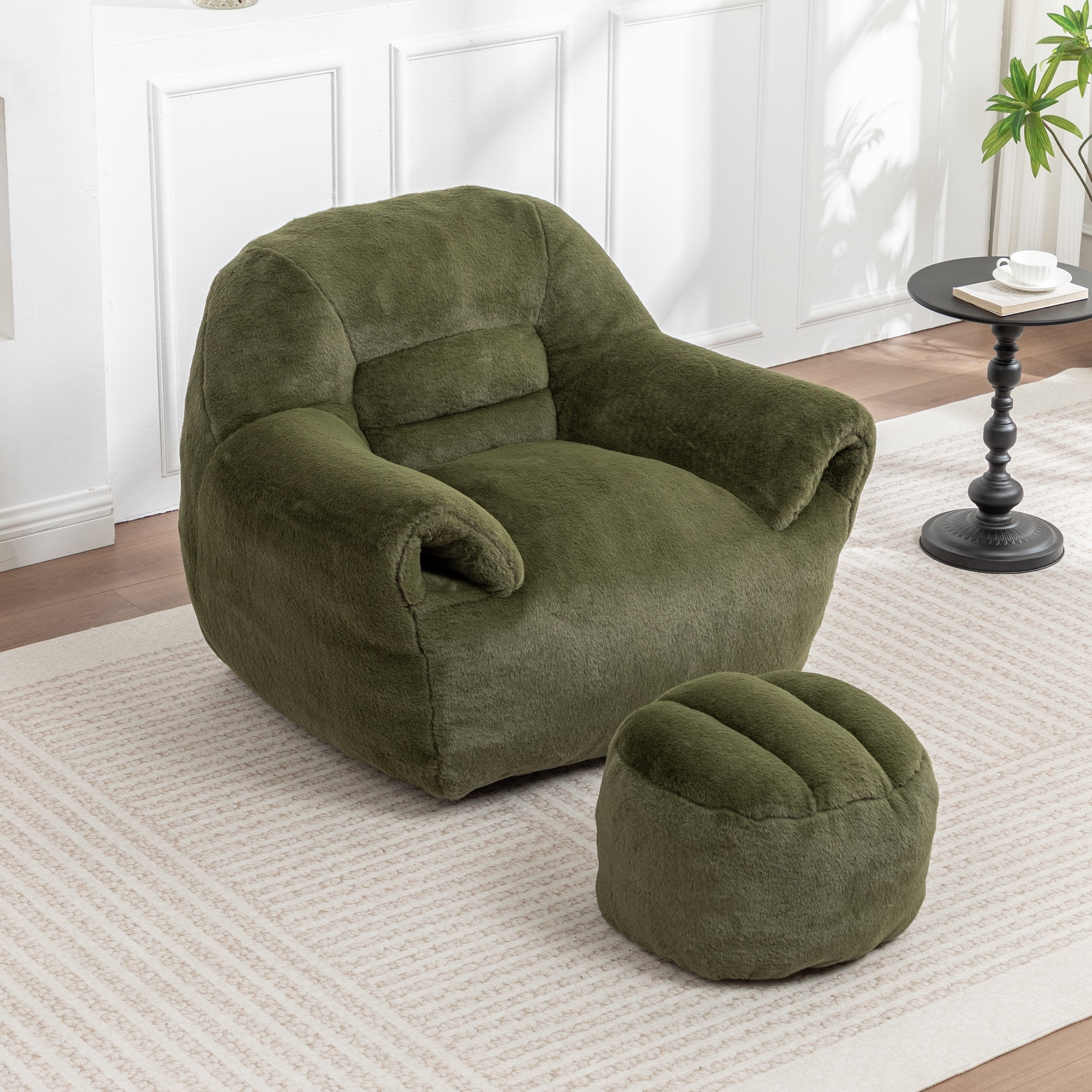 Leumius Bean Bag Sofa with Footstool,Faux Fur Bean Bag Chair Floor Sofa with Back Support for Living Room, Bedroom, Apartment,Green