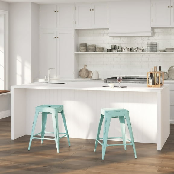 Merrick Lane Metal 24" Counter Height Stool with Distressed Green Blue Powder Coated Finish and Integrated Floor Glides