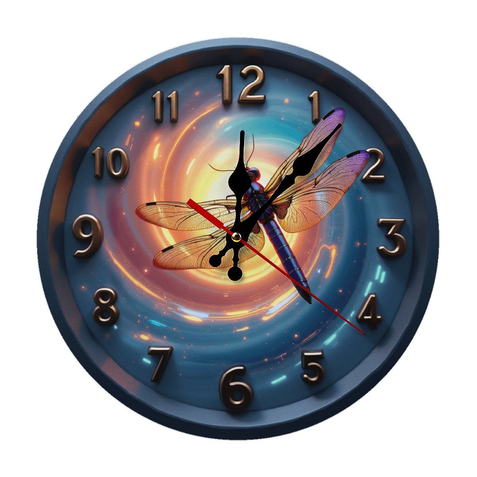 Spiral Galaxy Dragonfly Wall Clock 10 Inch Silent Non Ticking Round Wooden Clock Decoration for Living Room Kitchen Bedroom Bathroom Office Classroom
