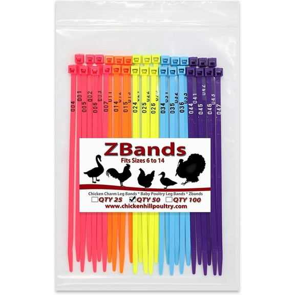 50 ZBand Numbered Poultry Leg Bands Fluorescent ~ Fits Sizes 6 to 14