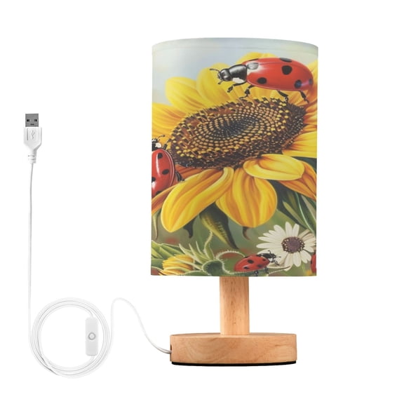 Ladybugs on Sunflowers Daisy Bedside Table Lamp Desk Warm Lights with USB Charging Port Cylinder LED Lamps for Bedroom Living Room Office