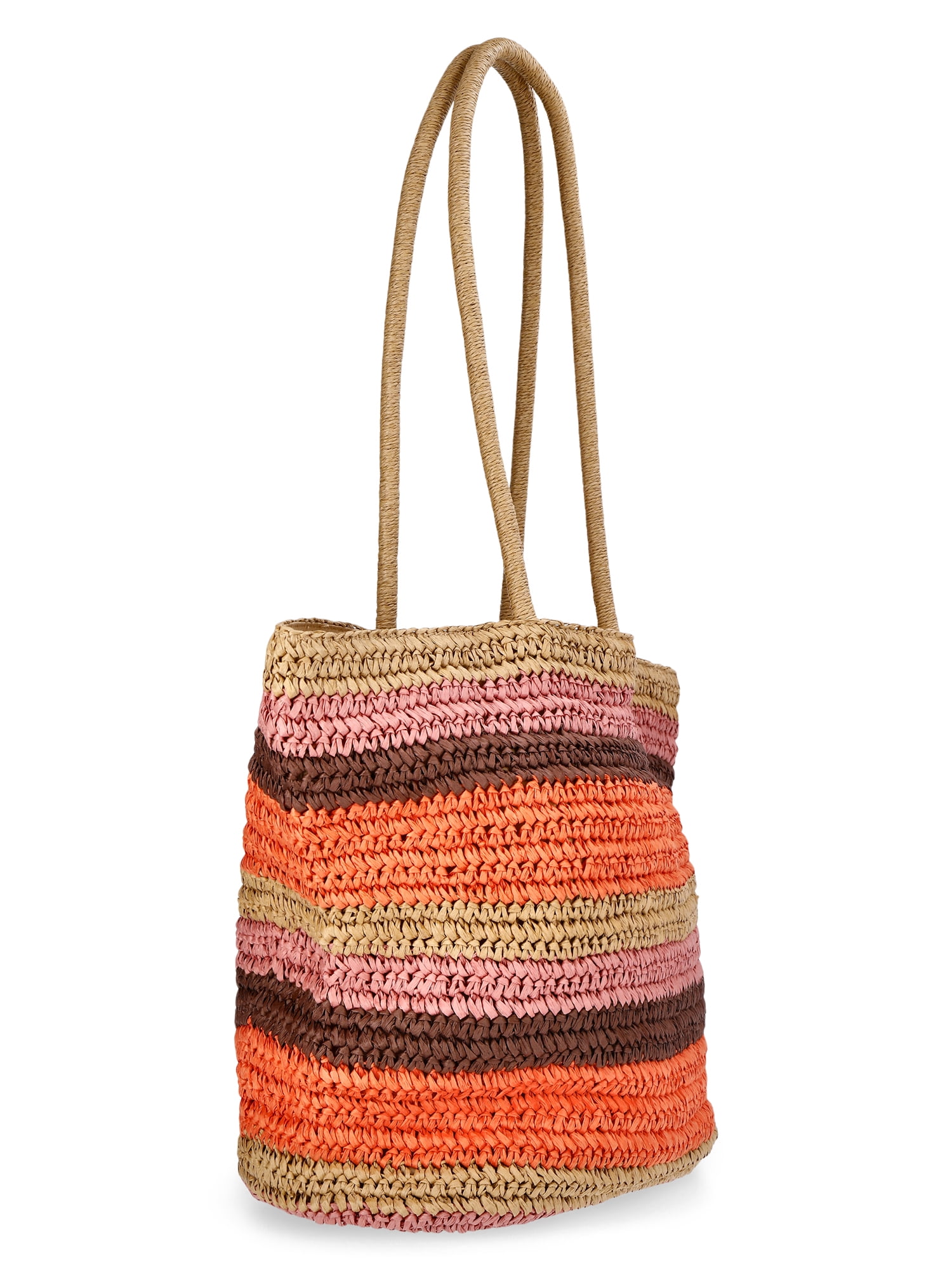 Time and Tru Women's Striped Straw Tote Bag, Peach