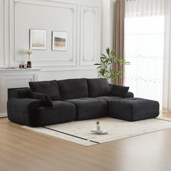 Resenkos Modern Memory Foam Compressed Sofa, Large Pet-Friendly Sectional Couch, Soft Corduroy Fabric for Living Room Family Space, Black