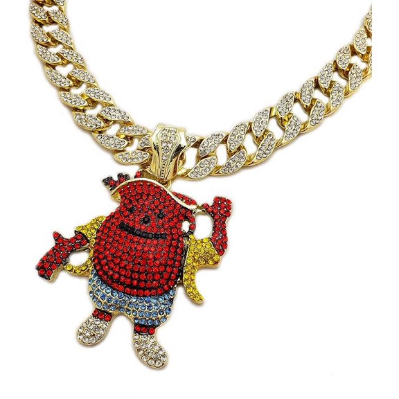 Iced Gold Plated Large Kool Aid Cubic Zirconia Pendant & 15mm 20" Cuban Chain Hip Hop Rapper Style Bling Jewelry Fashion Necklace Gift Set