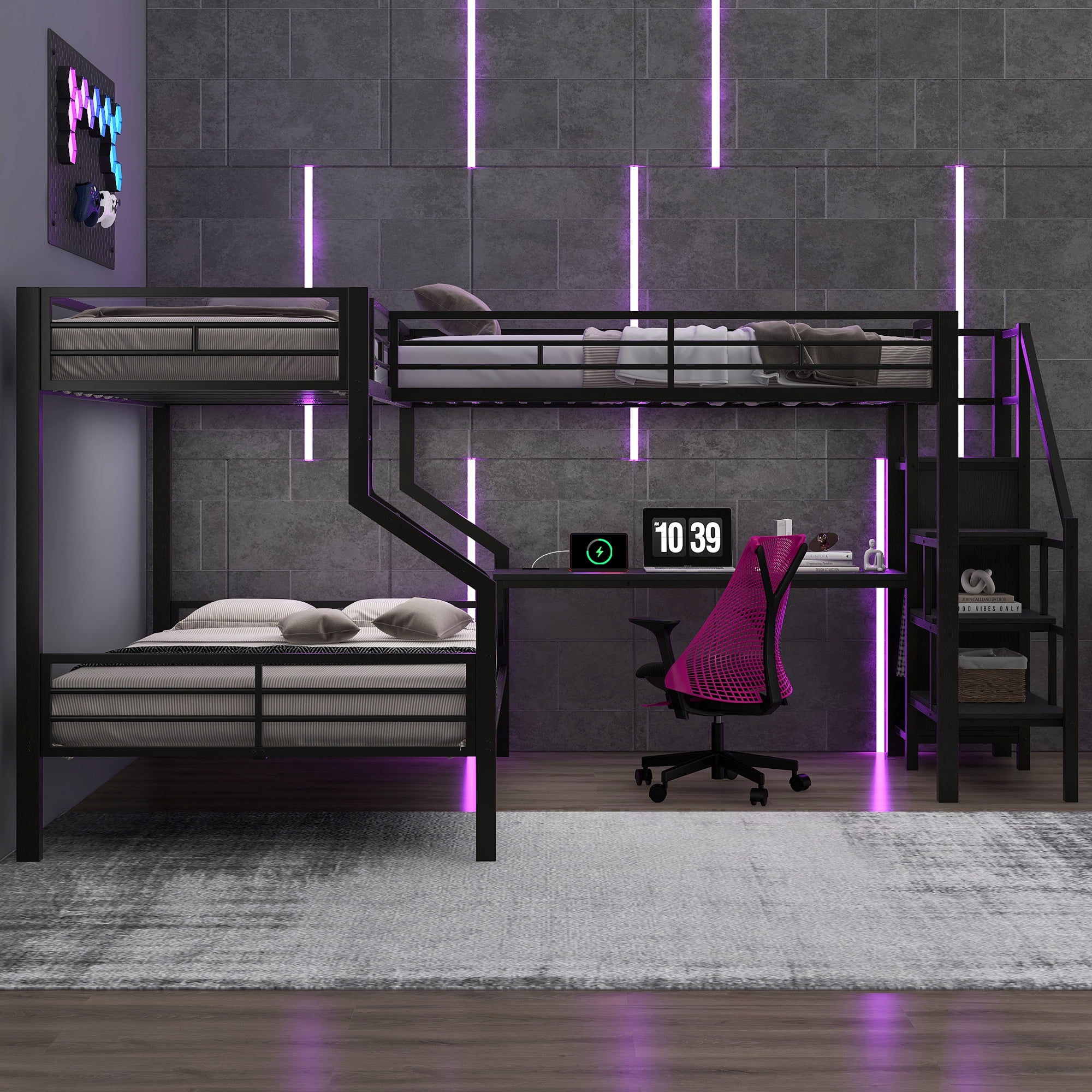 EUROCO Metal L Shaped Twin over Full Bunk Bed and Twin Gaming Loft Bed with Desk, Functional Storage Bed with Wardrobe and USB Ports, Black