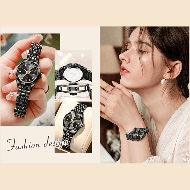 OLEVS Fashion Black Watches For Women Business Black Face Womens Watches Black Stainless Steel Band Watches For Ladies Date Display Lady Wrist Watches Waterproof Ladies Watches Roman Numeral Watches W...