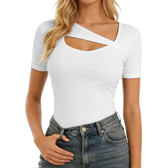 Wang6 Womens Short Sleeve T Shirts Casual Hollow out Solid Tees Summer Crew Neck Slim Fit Tops White XL