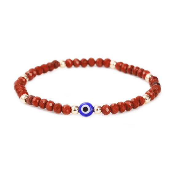 Evil Eye Bracelet - Handmade Natural Stone Red Jasper Faceted Rondelle Beads - Women's Jewelry