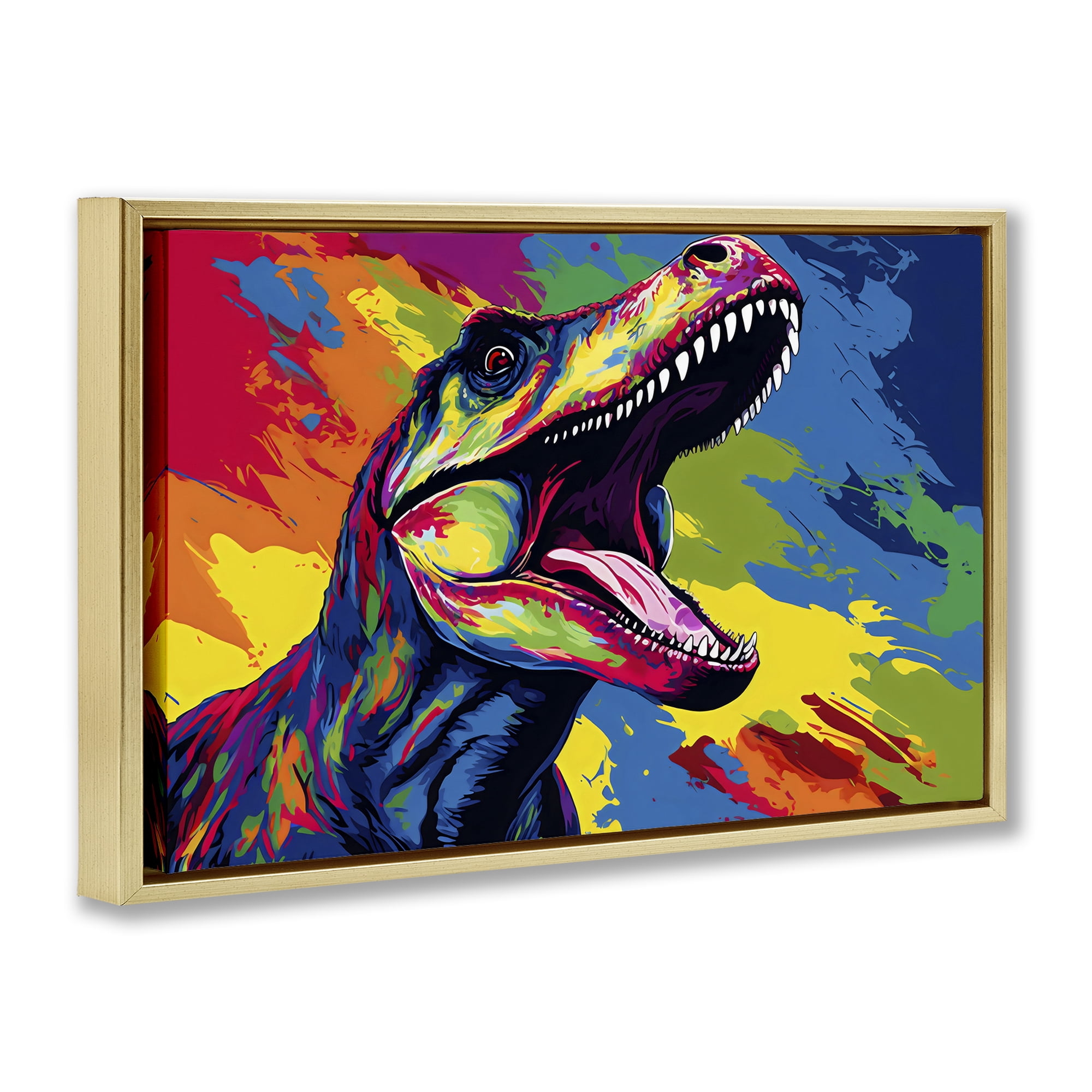 Stupell Industries Brightly Colored Dinosaur Gold Framed Floater Canvas Wall Art, design by Creative Studio