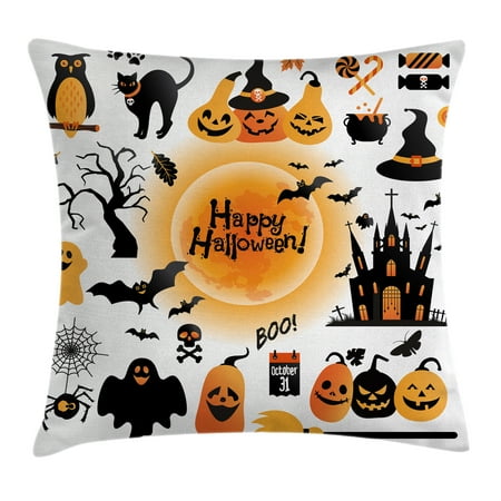 Halloween Cushions Halloween Decorations Throw Pillow Cushion Cover, All Hallows Day Objects Haunted House Owl and Trick or Treat Candy, Decorative Square Accent Pillow Case, 20 X 20 Inches, Orange Black, by Ambesonne ()
