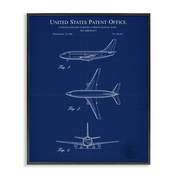 Stupell Industries Jet Aircraft Blueprint Transportation Painting Black Framed Art Print Wall Art, 11 x 14