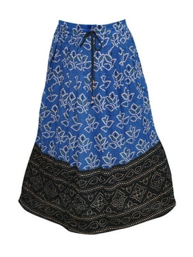 Mogul Women's Broom Skirt Blue Bandini Jaipur Rayon Festive Chic Long Skirts
