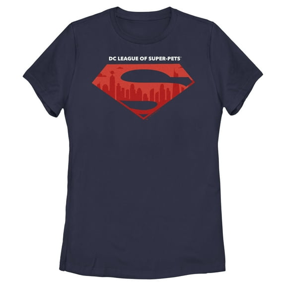 Women's DC League of Super-Pets Skyline Superman Crest  Graphic Tee Navy Blue Medium