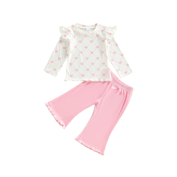 BemeyourBBs 2Pcs Toddler Baby Girl Valentines Outfit Ruffle Long Sleeve Crew Neck Heart Print T Shirt and BellBottom Flare Pants Set