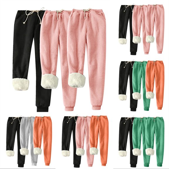 Fartey 3 Pack Women's Sherpa Lined Sweatpants with Pockets Plus Size Winter Warm Jogger Sweatpants Athletic Drawstring Pants Green M