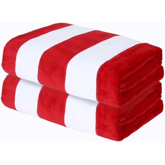 Exclusivo Mezcla 2-Pack Cotton Oversized 35"x70" Cabana Stripe Beach Towels, Super Absorbent Soft Plush Pool Towel, Bath Towel (Red)