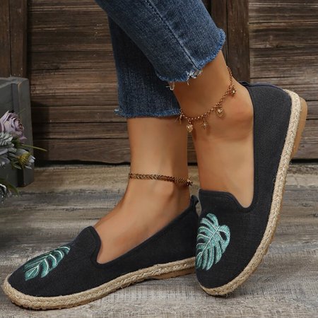 

Ykohkofe Leaf Embroidered Espadrille Loafers For Women Slip On Shallow Mouth Simple Single Shoes Casual Shoes Work Shoes