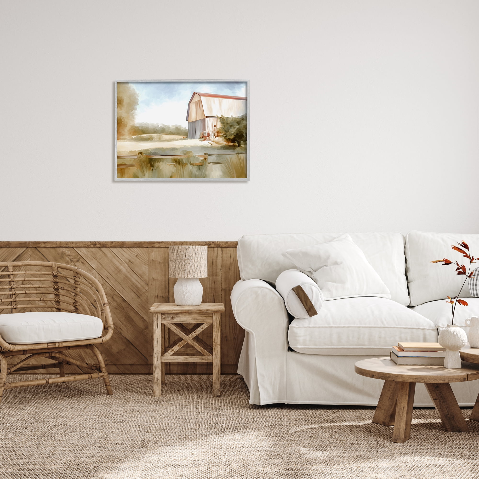 Stupell Industries Barn in Rural Farmland Nature Painting Gray Framed Art Print Wall Art, 30 x 24