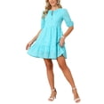 thumbnail image 4 of INSPIRE CHIC Women's Eyelet Dress Summer Casual Tie V Neck Half Sleeve A Line Lace Tiered Flowy Beach Mini Dresses S Lake Blue, 4 of 6