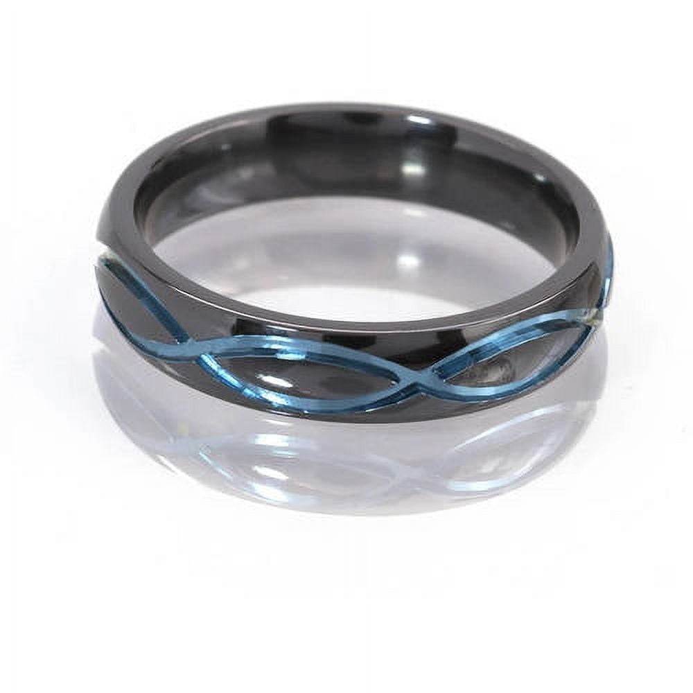 5mm Half-Round Black Zirconium Ring with the Infinity Symbol Anodized in Blue