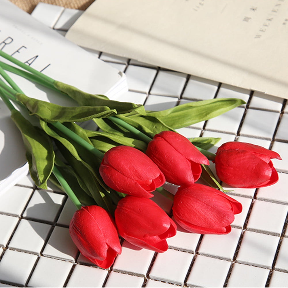 5 Pcs Fake Tulips Artificial Flowers, Real Touch PU Faux Flowers, Tulip Stems for Wedding, Spring Bouquet Floral Arrangement Home Party Office Decorations for Mother's Day (Red) 13.98Inches