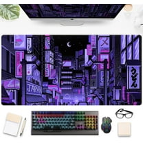 Tokyo Street Desk Pad Purple, Cute Retro Large Gaming Mouse Pad, Japanese Anime Laptop Keyboard Mouse Mat XXL, Aesthetic Neon Pixel Skyline/City Desk Mat, Desk Decor Pads for Women 31.5"x15.7"