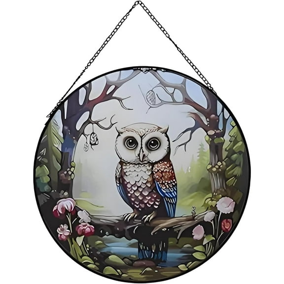 Hanging Stained Glass for Windows, Owl Suncatcher Stained Glass Garden Hangings Ornaments Mother's Day Valentine's Day Halloween Fall Christmas Decor for Home (A Style)